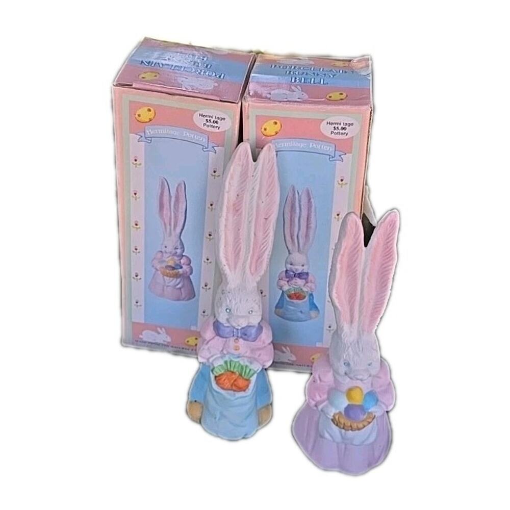 VTG 1995 Hermitage Pottery Easter Bunny Bells Porcelain Bisque Figurine Set of 2